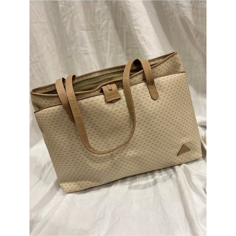 Vintage Liz Claiborne Tote Work Bag Tan Beige Canvas Leather Trim Geometric 90s